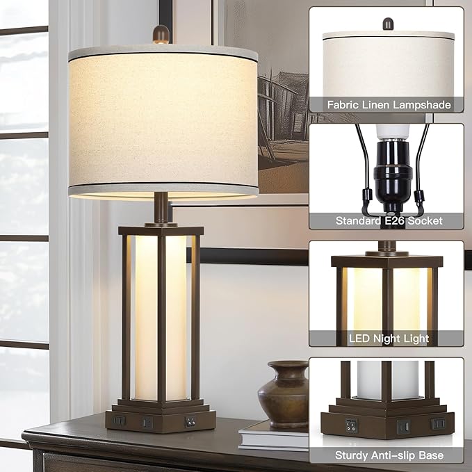 27" Tall Vintage Table Lamps with USB C+A & Outlet,Brown End Table Lamp Set of 2 for Living Room,Rustic Bedside Lamps with Frosted Glass Night Light for Bedroom Nightstand,Oil-Rubbed Bronze