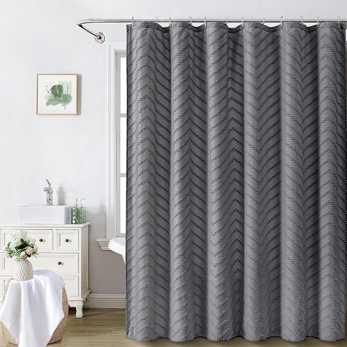 Extra Long Grey Boho Shower Curtain 84 Inch Grey Tufted Chevron Striped Fabric Shower Curtains for Bathroom Modern Shabby Chic Waterproof Cloth Shower Curtain Set with Hooks