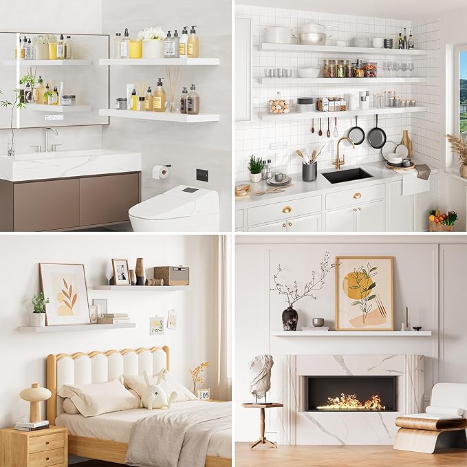 Heimlove Floating Shelves for Wall 48 Inches Long,9.3" Deep White Floating Shelf Set of 2,Wall Mounted Shelves for Bathroom Bedroom Living Room Kitchen Office,Shelf for Books Storage Room Decor