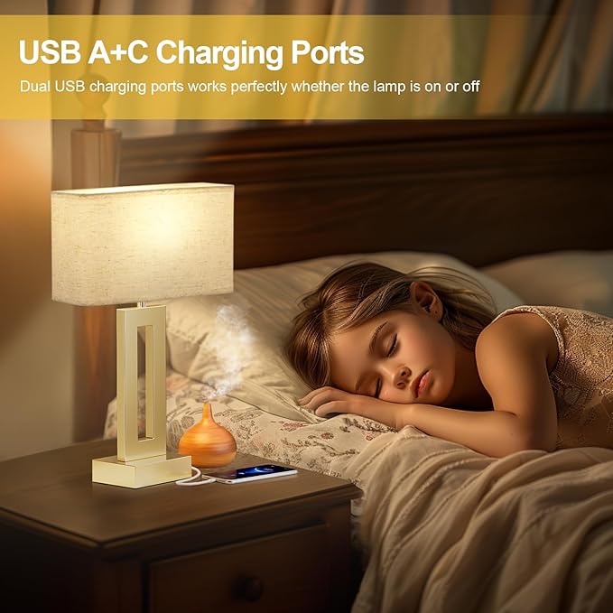 Bedroom Table Lamps Set of 2 - Beige Gold Touch Bedside Lamps with USB C+A, 3 Way Dimmable Gold Lamp for Nightstand, Modern Night Stands Lamps for Living Room