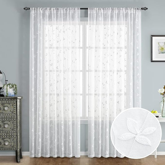 HOMEIDEAS White Sheer Curtains 52 X 96 Inches Length 2 Panels Embroidered Vine Floral Pattern Pocket Faux Linen Semi Sheer Voile Window Drapes for Bedroom Living Room