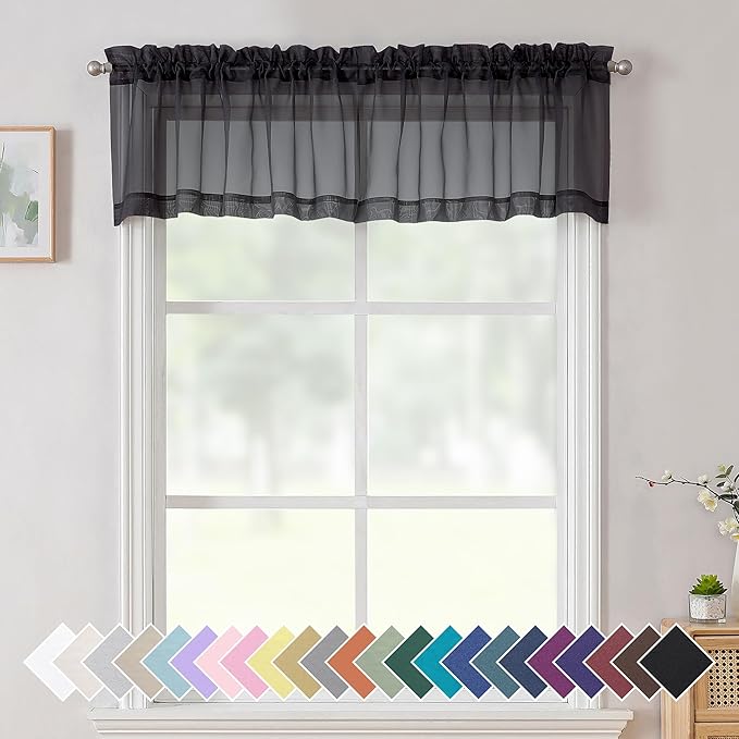 Aiyufeng 2 Panels Black Sheer Valance 14 Inch Length, Short Curtains for Bedroom, Kitchen Curtains for Small Window, Dual Rod Pocket (40 by 14 Inches Long)