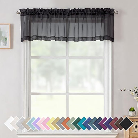 Aiyufeng 2 Panels Black Sheer Valance 14 Inch Length, Short Curtains for Bedroom, Kitchen Curtains for Small Window, Dual Rod Pocket (40 by 14 Inches Long)