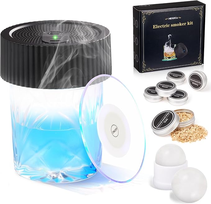 Electric Whiskey Smoker Kit - with 6 Flavors Wood, No Butane Needed Electric Cocktail Smoker Kit, Drink Smoker Kit Gifts for Men/Dad/Husband - with Ice Ball molds and LED Illuminated Coasters
