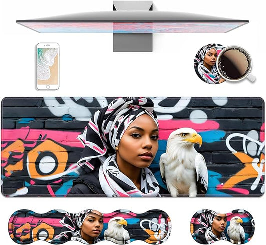 4 in 1 Ergonomic Keyboard Wrist Rest & Mouse Pad Wrist Rest Set, Large XXL Gaming Desk Mat 31.5"x 11.8" with Non-Slip Base, Memory Foam for Home Office Study Gaming, American Black Girl Bald Eagle
