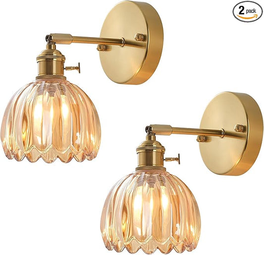 Plug in and Hardwired Wall Sconces, Luxury Vintage Tulip Crystal Glass Shade Wall Light with Switch for Bedside Bedroom Living Room (Tulip-Amber, 2)