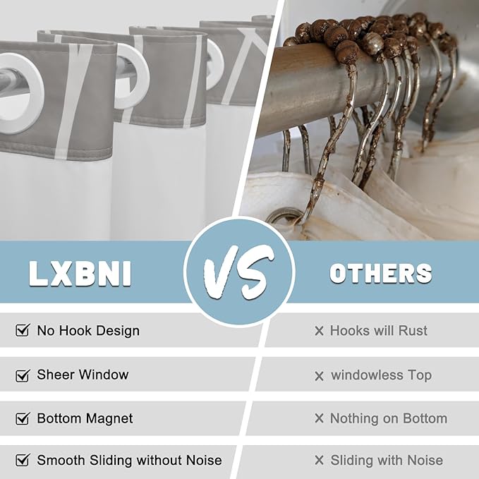 No Hook Light Grey Striped Shower Curtain with Snap in Liner Set - Hotel Shower Curtain and Liner Set with See Through Mesh Top Window,Machine Washable, 71x74 INCH