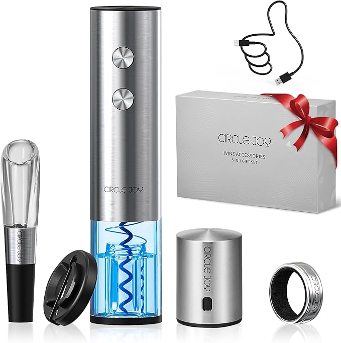 CIRCLE JOY Electric Wine Opener Rechargeable 5-in-1 Stainless Steel Wine Bottle Opener Premium Gift Set with Foil Cutter, Wine Aerator Pourer, Wine Drip Ring & Vacuum Stopper for Wine Lovers