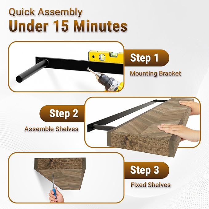 24" Acacia Chevron Floating Shelves Set of 2 - Wall Mounted Wooden Shelf for Stylish Home Décor - Walnut Color - 24x6.7x1.5 Inches