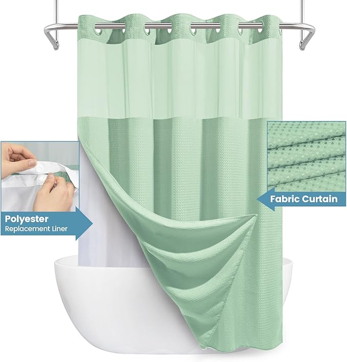 Mint Green Long No Hook Shower Curtain with Snap in Liner,230GSM Waffle Weave Shower Curtains for Bathroom,71W x 86H