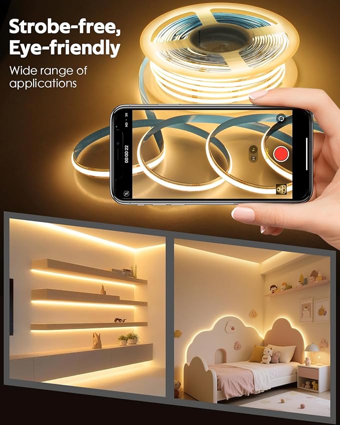 65.6FT/Roll COB Led Strip Lights 3000K 24V Dimmable LED Light Strip with Remote/App CRI 90+ Warm White 480LED/M Hight Density Super Bright Flexible LED Tape Light for Bedroom Cabinet Home DIY Lighting