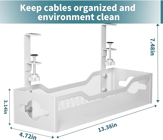 Under Desk Cable Management Tray 2 Pack, No Drill Cable Organizer With Clamp for Standing Desk, Easy to Install Cord Management System, No Damage Wire Organizer
