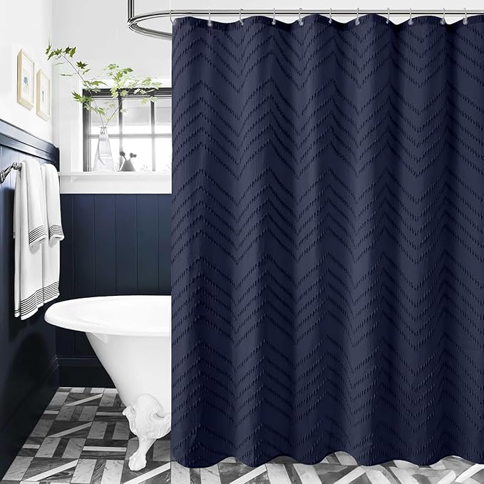 78 Inches Long Boho Tufted Chevron Striped Fabric Shower Curtain Navy Blue 72x78 Tall Minimalist Waterproof Cloth Shower Curtain, Wrinkle Free