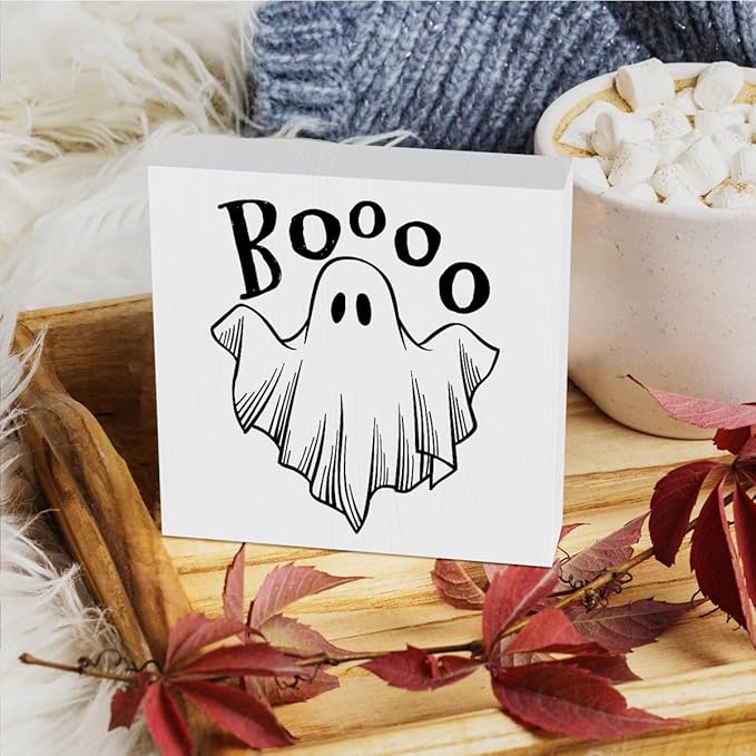 HTBIG Funny Halloween Decor Rustic Ghost Boo Spooky Vibes Farmhouse Wood Sign Decor for Home Rustic Wooden Shelf Season House Room Indoor Desktop 5 x 5 Inch