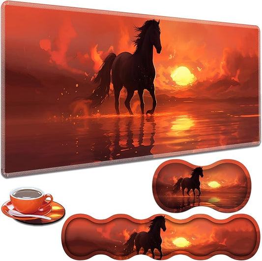 Large Gaming Table Pad 31.5 "x 11.8" + Keyboard Wrist Pad + Mouse Wrist Pad + Coaster Non-Slip Base 4-in-1 Set, Ergonomic Memory Foam, Easy Typing Pain Relief, Sunset Horse