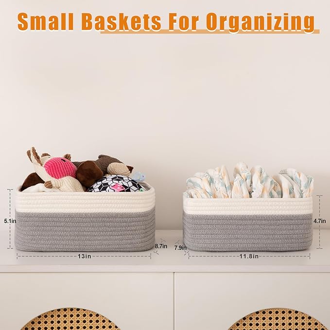 OIAHOMY 4 Pack Storage Baskets for Organizing, Small Bins for Shelves, Cute Decorative Storage Bins, Organizer Baskets for Gifts Empty,13''Lx8.7''Wx5.1''H, Grey/White