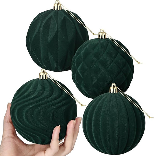 4 Pcs 4 Inch Large Velvet Christmas Ball Ornaments Vintage Christmas Plastic Ball Ornaments Flocked Tree Hanging Decoration for Xmas Party Wedding Home Decor(Green)
