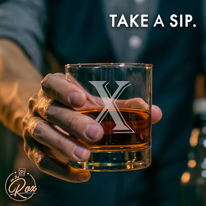 (X-Monogram)- 4 Piece Set of 11 Ounce Engraved Heavy Base Rocks Glasses- Quality Elegant Glass-Multi-Purpose Beverage-Rocks Glass- For any Occasion- By: On The Rox