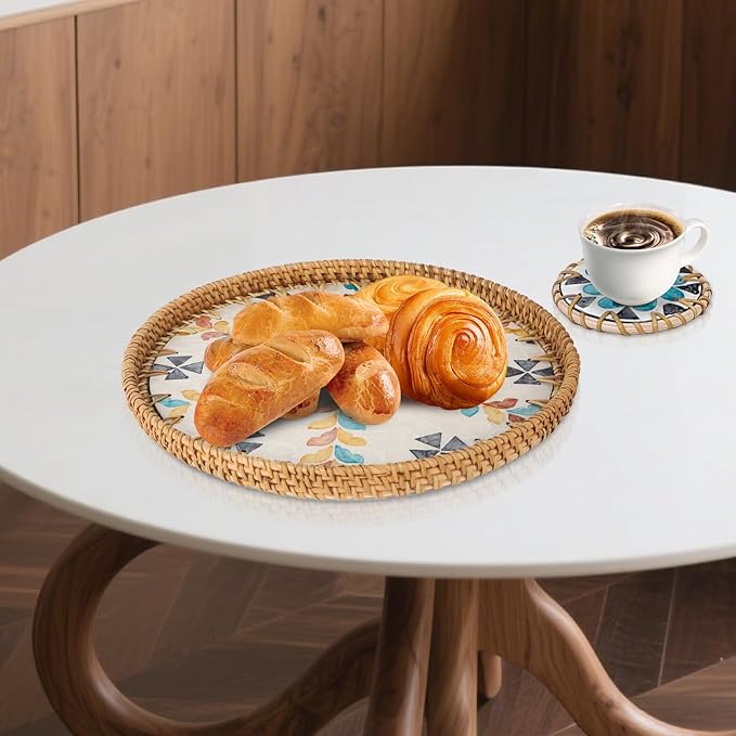 Round Rattan Serving Tray with Mother of Pearl Inlay & Coaster, Boho Wicker Basket, Decorative Coffee Table Tray for Table Decor, Storage and Display of Coffee Bread Fruit (Colored Feather)