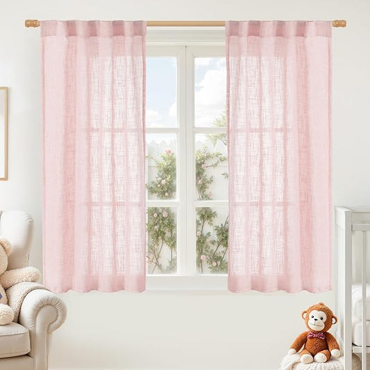 LAMIT Pink Linen Curtains 45 Inch Length 2 Panels, Light Filtering Panels Back Tab and Rod Pocket Country Decor Drapes for Kitchen/Window/Loft Room/Bedroom, 34 x 45 Inch