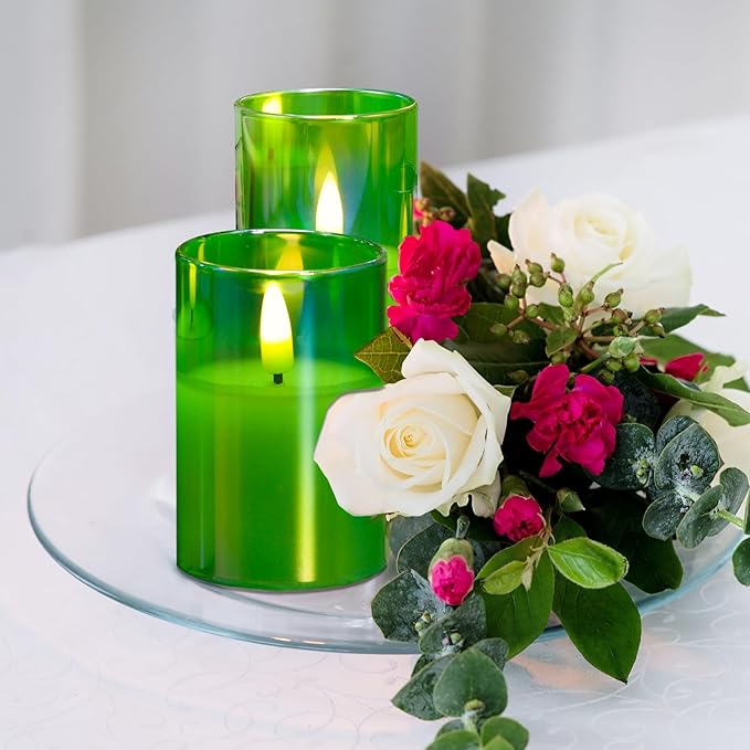 Eywamage Green Glass Flameless Candles with Remote Batteries, Flickering Slim Tall LED Pillar Votive Candles Set of 5