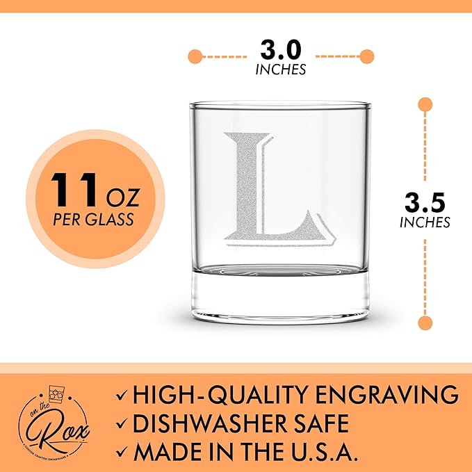 (L-Monogram)- 4 Piece Set of 11 Ounce Engraved Heavy Base Rocks Glasses Elegant Glass-Multi-Purpose Beverage-Rocks Glass- Gift for any Occasion- By: On The Rox