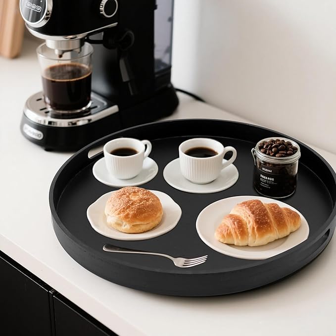 Round Decorative Tray, Extra Large Wooden Serving Tray with Handles, 11.8in Black Decorative Trays for Coffee Table,Kitchen Counter,bandejas decorativas