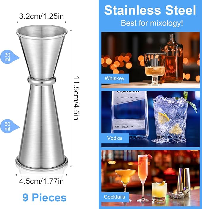 9 Pieces Jigger for Bartending, Double Cocktail Japanese Jigger 2 oz 1 oz 304 Stainless Steel Jiggers Measuring Cup for Bar Home Kitchen Bartender Tools