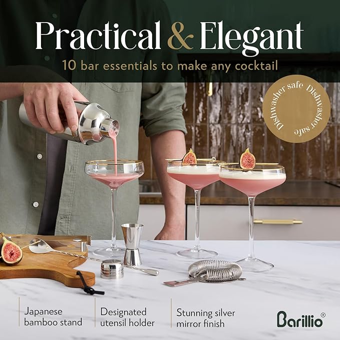 Barillio Bartender Kit - Stainless-Steel Cocktail Shaker Set with Bamboo Stand - Mixology Bar Tools w/Shaker, Drink Mixer Spoon & Muddler for Cocktails - Home Bar Accessories - 10-Pc Bar Set - Silver