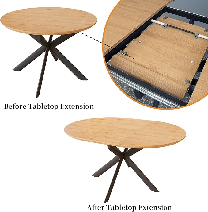 43.2"-59.1" Extendable Round Dining Table Set, Mid Century Wooden Round Kitchen Table, Oak Coffee Table for 4-6 Person,PU Leather Chair