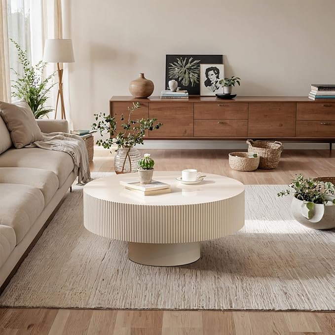 Round Fluted Coffee Table Mid Century Modern Coffee Tables with Handcrafted Relief Circle Drum End Table Rustic Industrial Center Tables for Apartment Living Room (White Round Thick)
