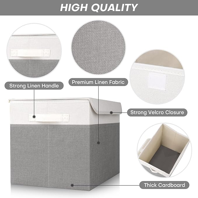 Large 17" 42 Quarts Collapsible Stackable Storage Bins with Lids [3-Pack] Foldable Fabric Linen Storage Boxes Cube, Closet Organizer Baskets with Label (16.7 x 12 x 12", Gray & White)