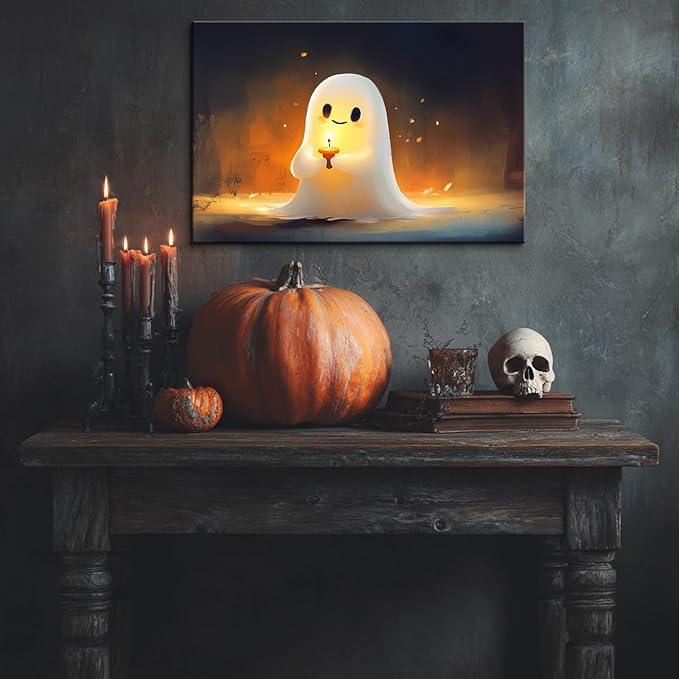 BANHUA1 Vintage Halloween Canvas Wall Art, Cute Ghost with Candle Picture Print, Dark Academia Wall Decor for Home, Living Room, Bedroom, 48 x 36 Inch