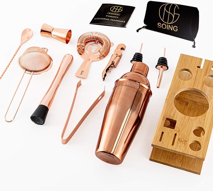 Soing 11-Piece Rose Copper Bartender Kit,Perfect Home Cocktail Shaker Set for Drink Mixing,Stainless Steel Bar Tools with Stand,Velvet Carry Bag & Cocktail Recipes Cards (Rose Copper)