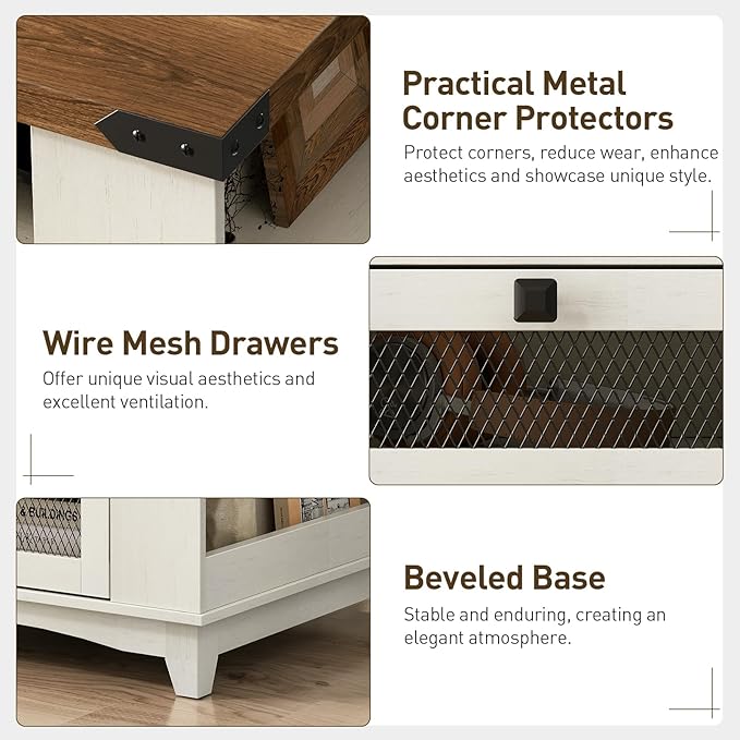 Farmhouse End Table Set of 2, 24''Large Sofa Side Table with LED Light and Charging Station, Square Nightstand with Side Shelves and 2 Drawers, for Bedroom, Living Room.White and Walnut