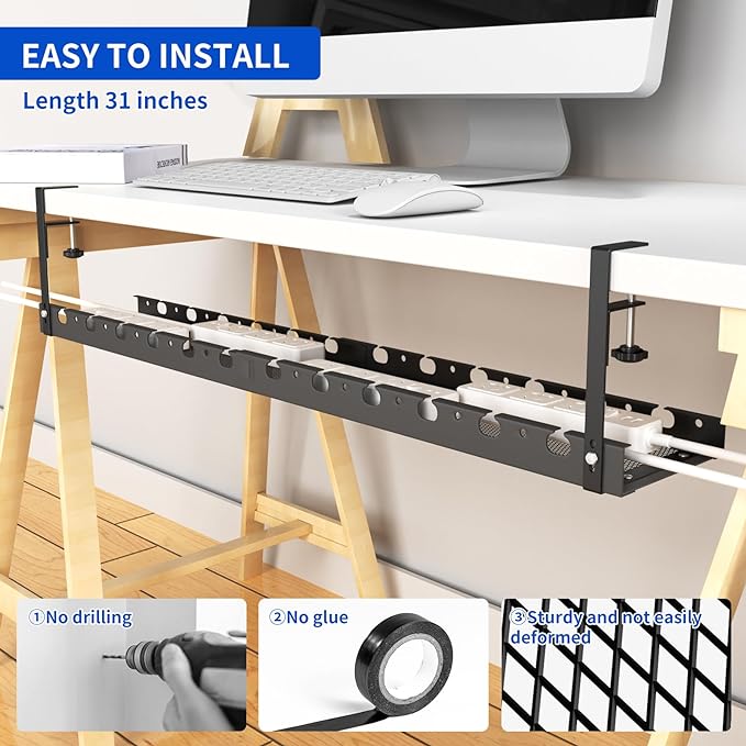 31Inch Extendable Under Desk Cable Management Tray Multi-Model Metal Cable Management Tray Under Desk Cord Management with Clamp Power Strip Cord Holder for Wire Cable Management