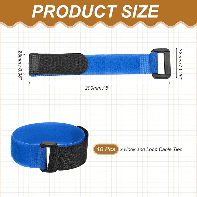 PATIKIL 8 x 0.98 Inch Reusable Cable Ties 10 Pcs Adjustable Hook and Loop Straps Cord Management Wire Wrap Cord Ties Organizer for Home Office Cables, Blue