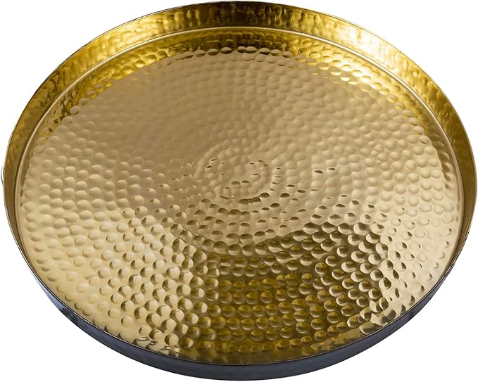 MyGift 12 Inch Round Decorative Platter, Gold Tone Plated Hammered Aluminum with Matte Black Accent Serving Plate, Centerpiece Base or Vanity Tray - Handcrafted in India