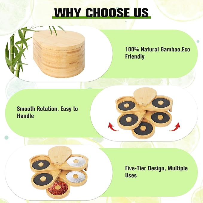 Bamboo 5-Tier Margarita Salt Rimmer Set with Swivel Lids & 5 Sponges – Cocktail Glass Rimmer for Home Bar, Bartender & Party Drinks, Eco-Friendly Design