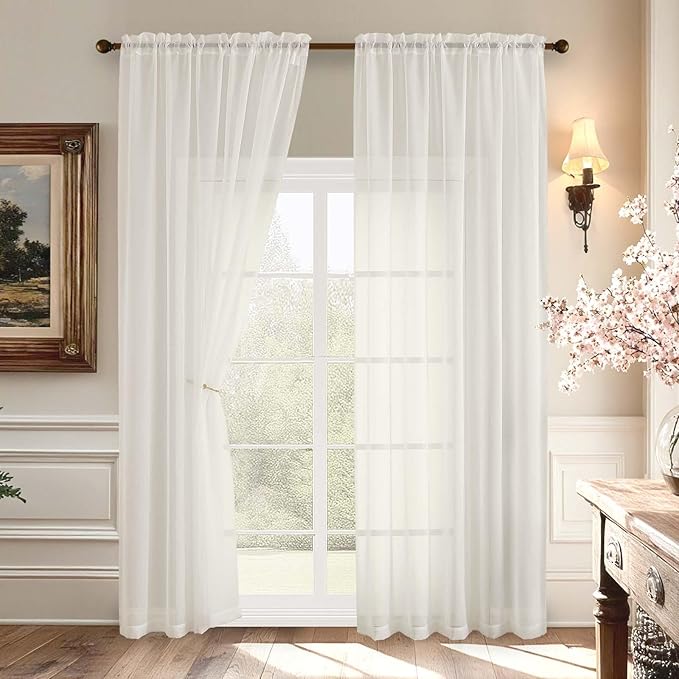 Aiyufeng 2 Pack: Basic Ivory Sheer Curtain Drapes for Living Room 84 Inch Length 2 Panels, Light Filtering Voile Drapes for Bedroom, Patio, Sliding Door, Each 59" W x 84" L, Ivory