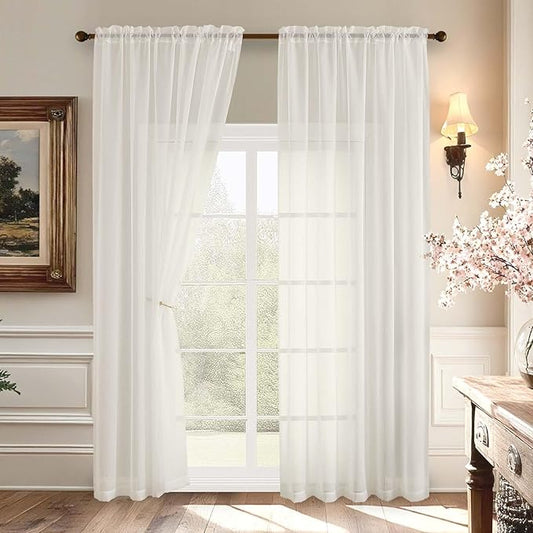 Aiyufeng 2 Pack: Basic Ivory Sheer Curtain Drapes for Living Room 84 Inch Length 2 Panels, Light Filtering Voile Drapes for Bedroom, Patio, Sliding Door, Each 59" W x 84" L, Ivory