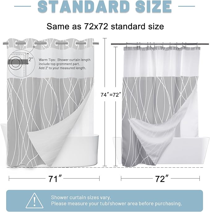 No Hook Light Grey Striped Shower Curtain with Snap in Liner Set - Hotel Shower Curtain and Liner Set with See Through Mesh Top Window,Machine Washable, 71x74 INCH