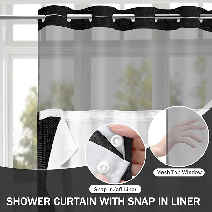 YellyHommy No Hook Shower Curtain with Snap in Liner Set Less Time Black Waffle Shower Curtain for Bathroom 78" L x 72" W