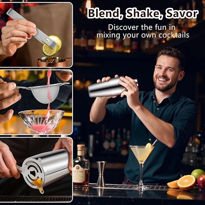 Bartender Kit, 23 Piece Professional Cocktail Shaker Set with Stand Shaker Spoon Jiggers Cocksrew, All Essential Bar Tools Accessories for Home Bar Mixology Drink Mixing, Gift, Stainless Steel