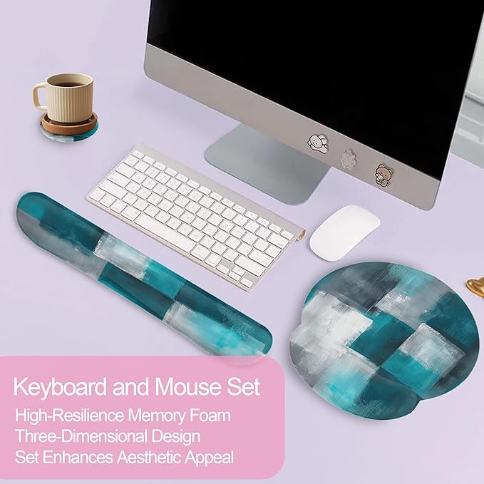 Turquoise and Grey Abstract Art Painting Mouse Pad with Wrist Rest and Keyboard Wrist Rest Set,Non-Slip Rubber Base Memory Foam Mouse Pad Set for Women, Office Desk Accessories, Gaming