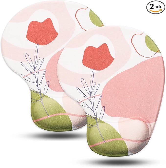 JIKIOU Mouse Pad, 2 Pack Ergonomic Mouse Pads with Comfortable Gel Wrist Rest Support and Smooth Cloth, Non-Slip PU Base for Easy Typing Pain Relief Durable and Easy to Clean Small Rose