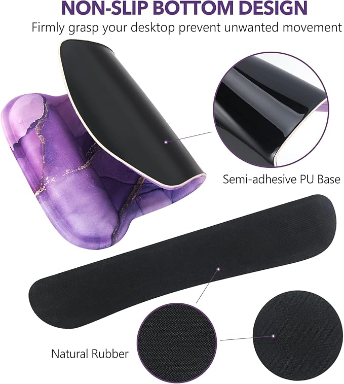 AIMSA Ergonomic Keyboard Wrist Rest and Mouse Pad with Wrist Support Set, Memory Foam Non-Slip Rubber Base, for Home, Office, Easy Typing, Pain Relief, Purple Marble