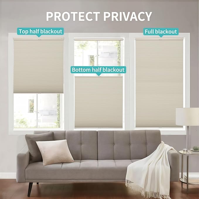 Joydeco No Tools No Drill Blinds for Indoor Windows, Cordless Window Blinds Cellular Shades Top Down Bottom Up Blackout Honeycomb Blinds Thermal Insulated Noise Reduction (Beige, 34" W x 64" H)