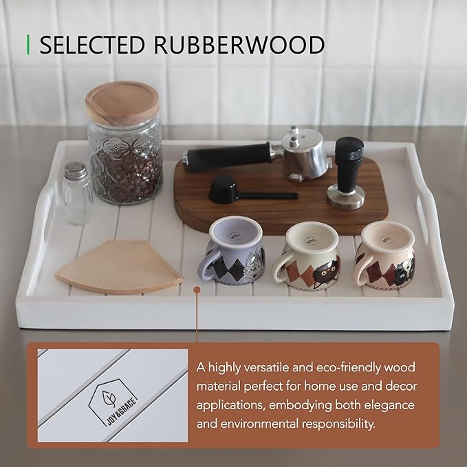 Large Wooden Serving Tray with Handles 20 x 14 inch Decorative Coffee Table Ottoman Tray for Living Room Extra Large for Kitchen Dinner Food Bar Breakfast in Bed (Color White)