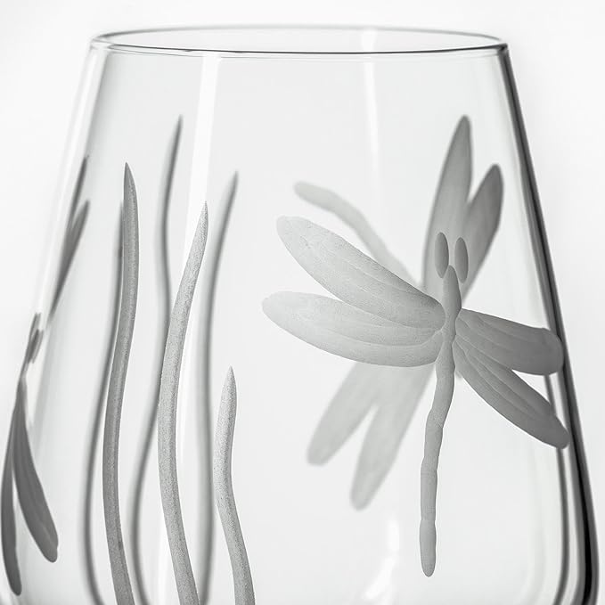 Rolf Glass Dragonfly Stemless Wine Glass 18oz - Tumbler Wine Glasses Set of 2 – Made in the USA - Etched Stemless Wine Glasses -(Set of 2)